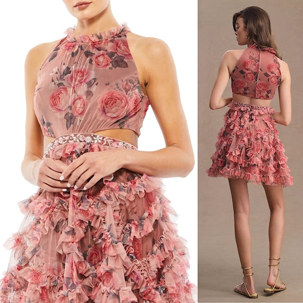 NWT MAC DUGGAL Floral Ruffle Tulle Sleeveless Beaded Cutout Waist Halter Dress 6 - Picture 5 of 9